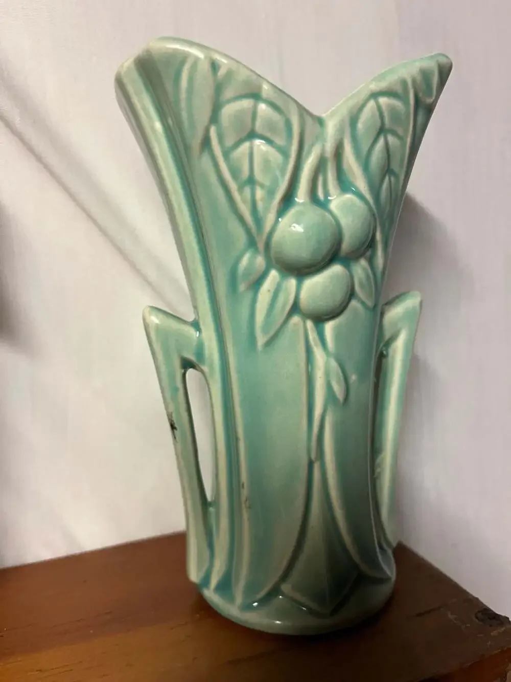 Vintage McCoy Pottery Turquoise Vase with Leaf and Berry Relief
